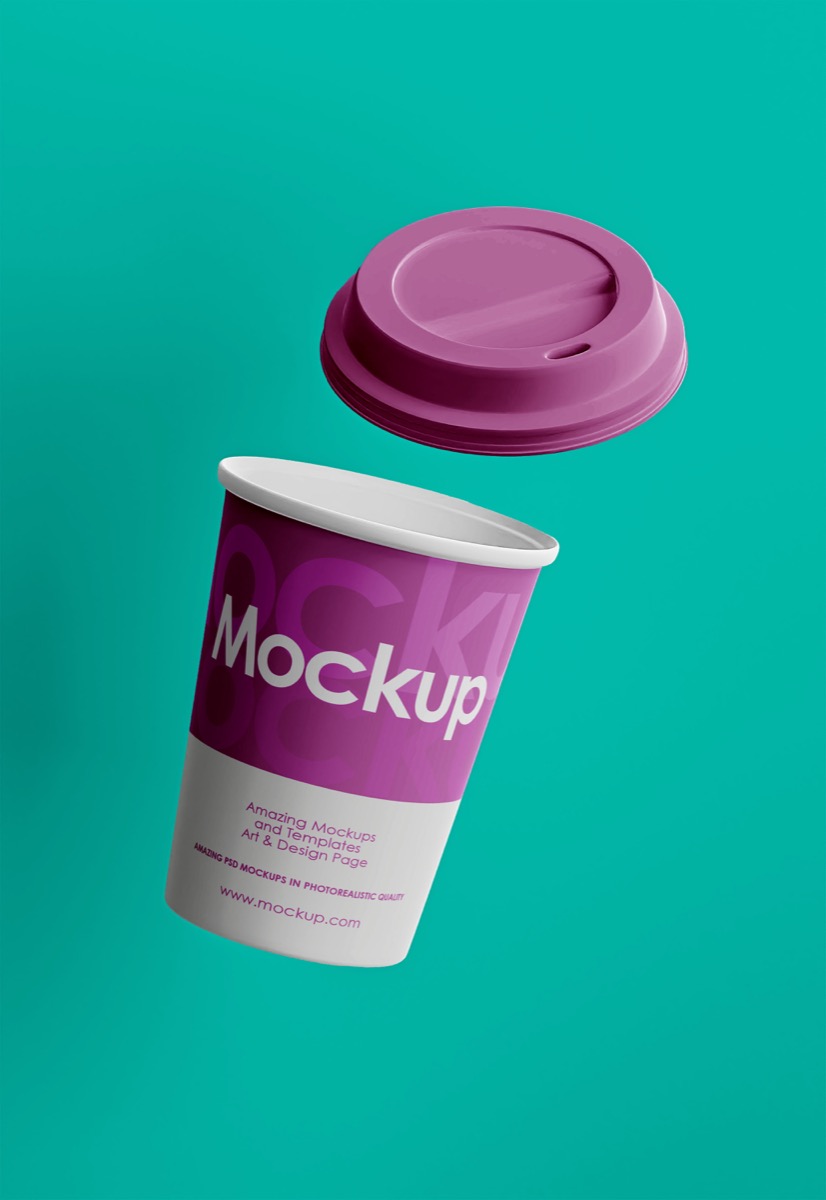 Floating Magenta Paper Coffee Cup Mockup with Purple Lid on Teal Background, from Brandex
