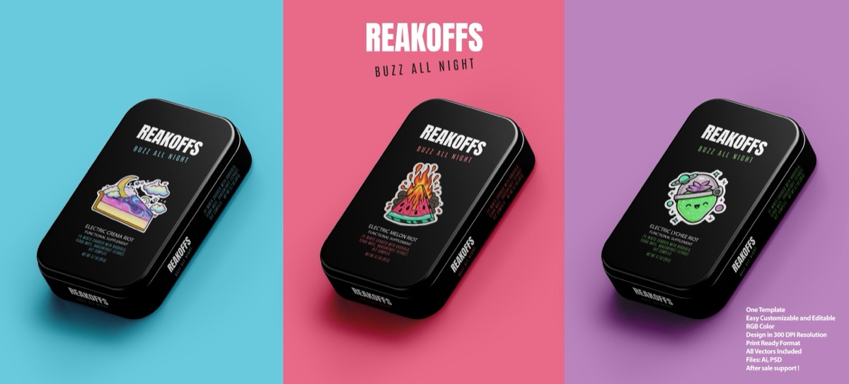 Reakoffs Buzz All Night Gum Tin Packaging Mockup - Black Vector Art, from Brandex