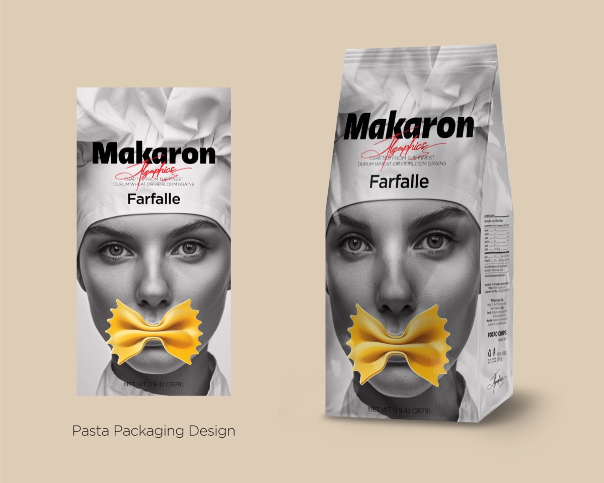 Gourmet Pasta Packaging Mockup with Chef Portrait and Farfalle, from Brandex