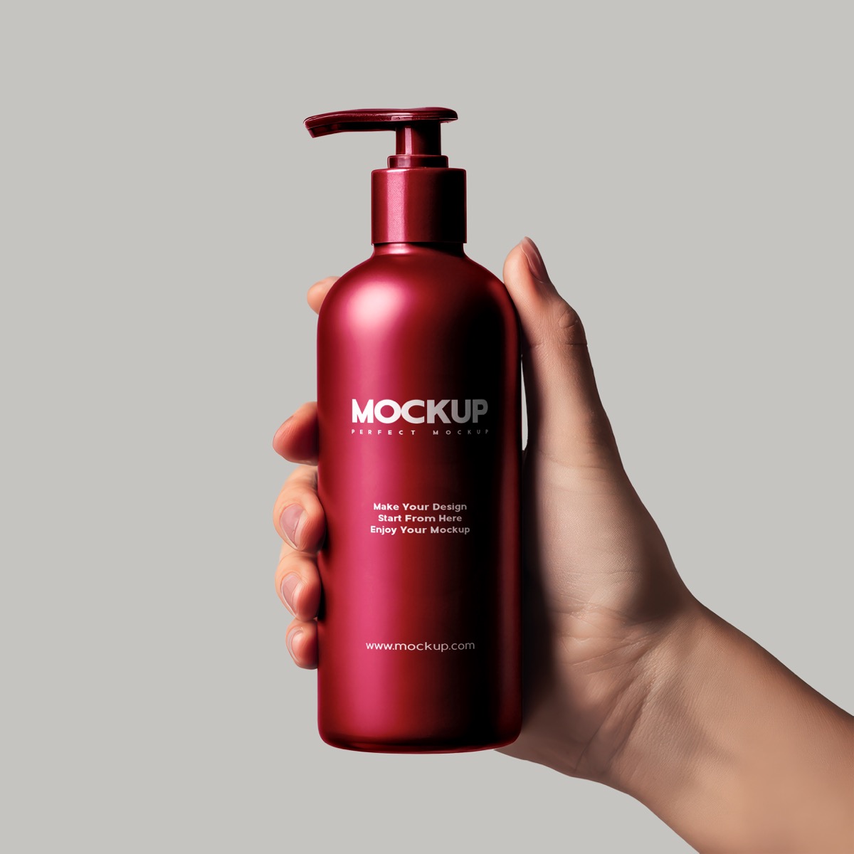 Metallic Red Pump Bottle Branding Mockup Handheld, from Brandex