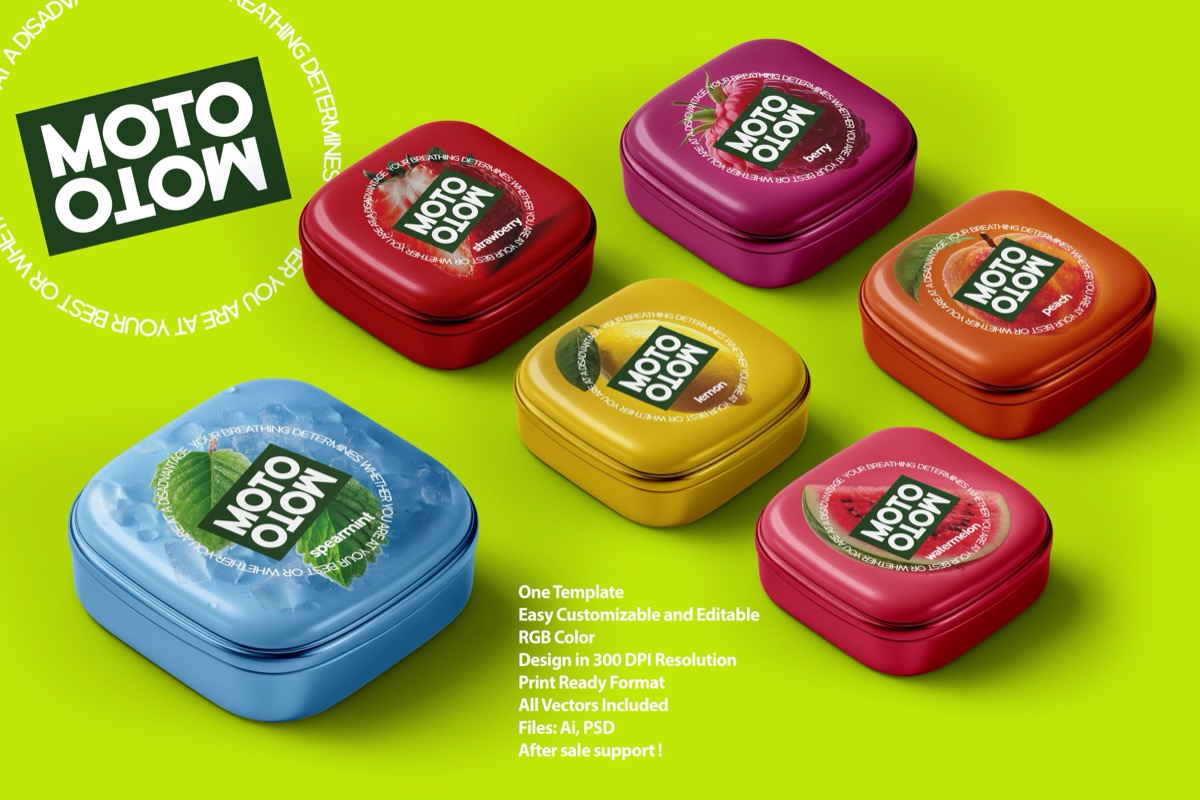 Chewing Gum Tin Box Packaging Template – Multi-Flavor Collection, from Brandex