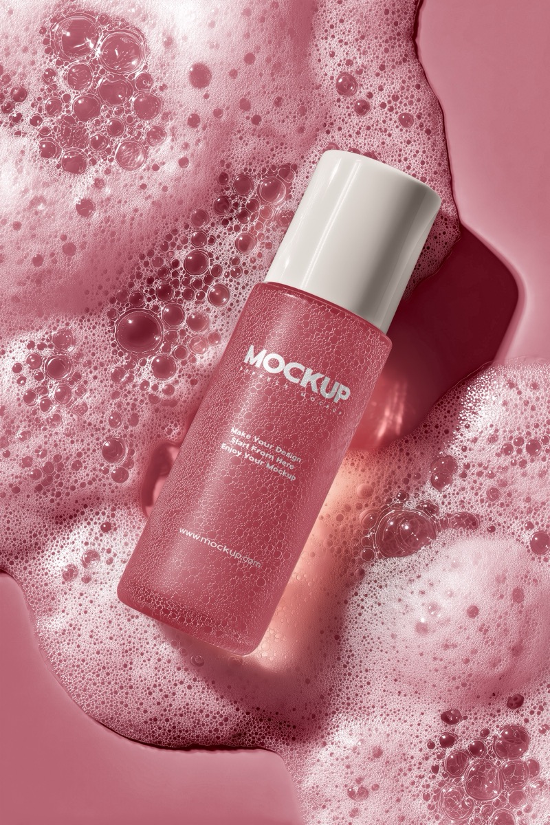 Pink Frosted Glass Cosmetic Bottle Mockup Skincare Product, from Brandex