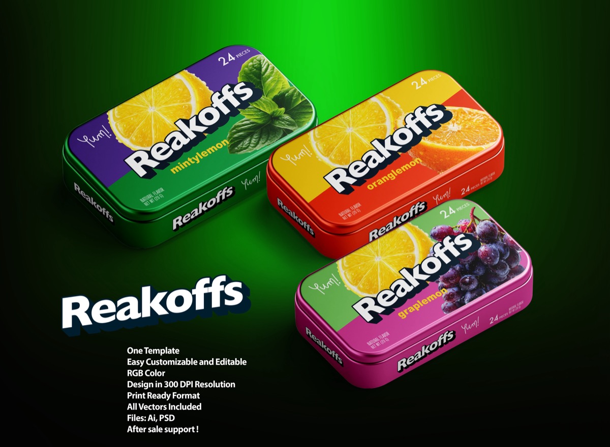 Reakoffs Gum Tin Packaging Mockup Template - Vector AI PSD Editable, from Brandex