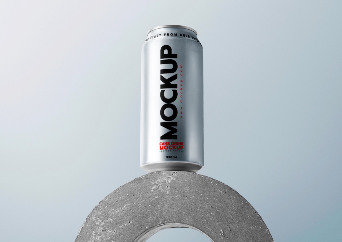 Realistic Aluminum Beverage Can Mockup with Concrete Arch Background, from Brandex