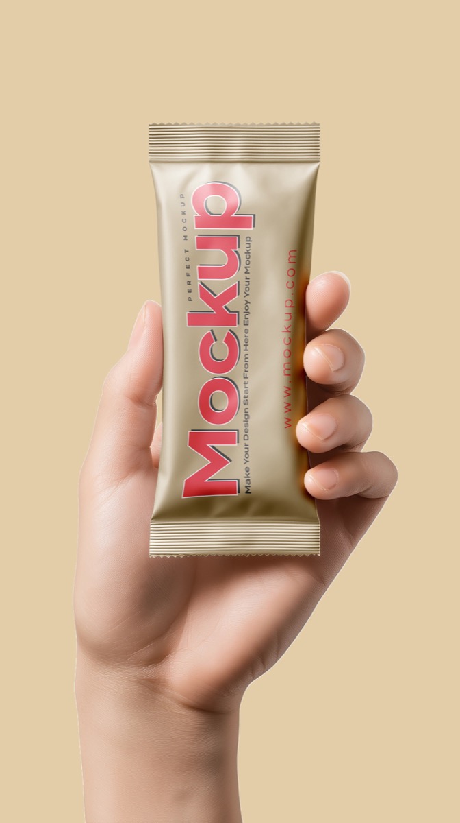 Realistic Handheld Snack Bar Packaging Mockup Beige Background, from Brandex