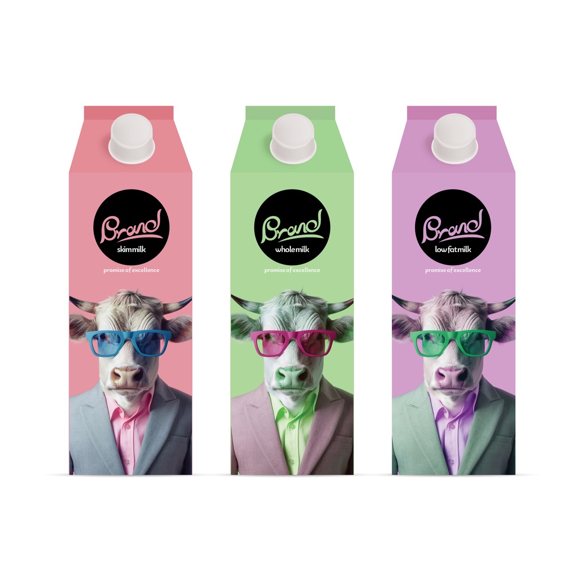 Milk Carton Packaging Mockup Set – Cow in Suit & Glasses Design, from Brandex
