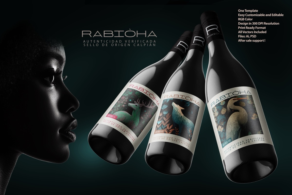 Premium Wine Bottle Label Packaging Template – Artistic Illustrated Collection, from Brandex